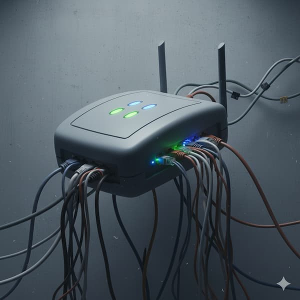 A network router with many wires attached that is highly bloated.