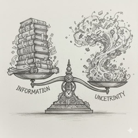 An allegorical pencil drawing of an ornate scale. The left pan represents 'Information' with a neat pile of books and scrolls. The right pan represents 'Uncertainty' with a chaotic vortex of dissolving papers, gears, and symbols. The scale is in perfect equilibrium, illustrating the conceptual balance between order and disorder.