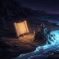 A glowing digital river dissolves a sandcastle on a dark beach, while a mechanical hand reaches out of the current toward a map staked in the dry sand beside it