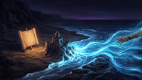 A glowing digital river dissolves a sandcastle on a dark beach, while a mechanical hand reaches out of the current toward a map staked in the dry sand beside it