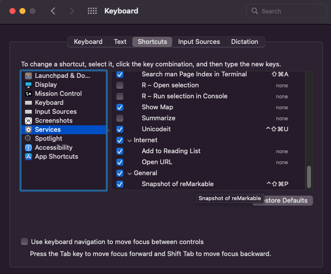 Example of what you should see when you select “Services” in “Keyboard” -> “Shortcuts”