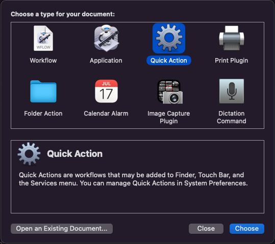 Select “Quick Action” from the “New” menu.