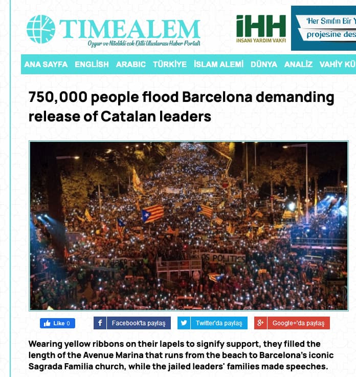750,000 people flood Barcelona demanding release of Catalan leaders. Image source